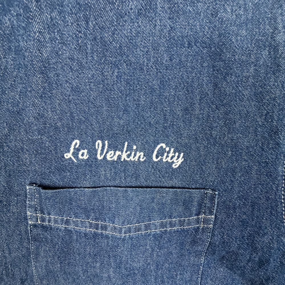 Port & Company Mens 2XL Blue Denim Button Down Shirt La Verkin City Embroidered - Picture 3 of 7